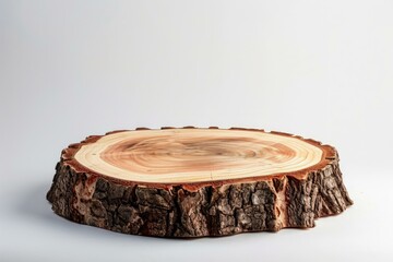Close-up of a round wood slice with detailed tree rings isolated on a white backdrop