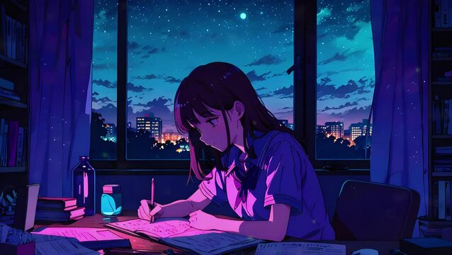 A Lofi Girl 2d cartoon character, day night passion anime girl animation, lofi girl music Purple fantasy manga Anime style 4K Seamless loop hip-hop chill vibes Relaxing bites vaporwave animation