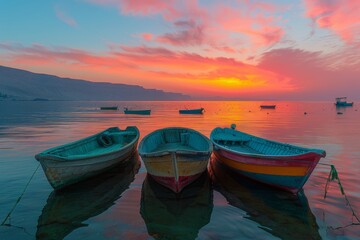 Obraz premium Colorful Boats at Sunset on Calm Sea With Mountain View