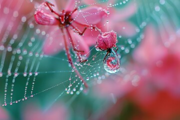 Fototapeta premium Mesmerizing Macro of a Water Droplet Clinging to an Intricate Spider Web with Refined Details and Natural Beauty