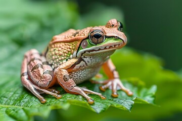 Fototapeta premium Macro Shot of Tiny Green Frog Perched on Vibrant Leaf with Detailed Textures
