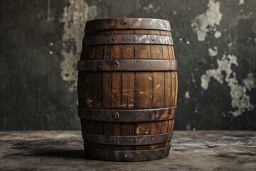 Fototapeta premium Classic wooden barrel stands against a textured wall, invoking a timeless feel