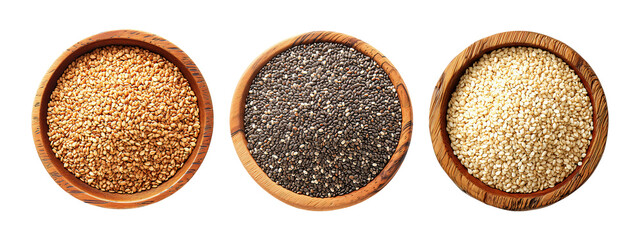 Gold sesame, chia, and white sesame seeds nestled in individual wooden bowls, showcasing their distinct colors, textures, and nutritional value.
