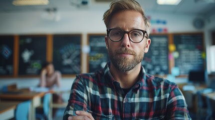 A modern, high-tech classroom with a young, dynamic teacher using interactive digital tools to engage students in learning math