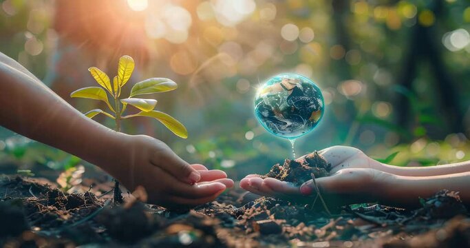 Pair of kids' hands water a sapling with Earth hologram, illustrating nurturing the planet via zero carbon technologies. Zero carbon technology