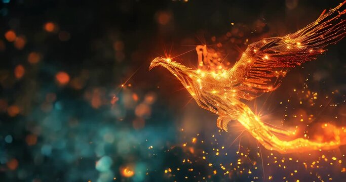 Digital phoenix rises from obsolete data ashes, symbolizing rebirth and insights of data mining. Data mining visualization
