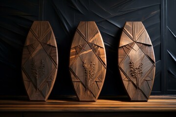 Three unique wooden coffins with intricate carvings against a dark background, showcasing craftsmanship