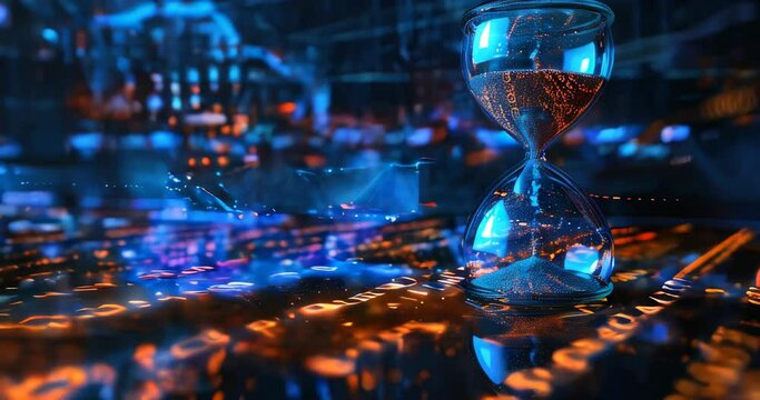 Hourglass with sand transforming into binary code, illustrating the transient nature of time in the age of big data. Big data visualization
