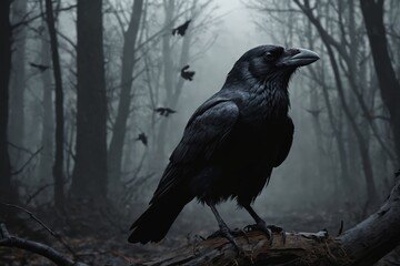 Fototapeta premium Gothic Intrigue Captured by a Shimmering Raven Pondering Amidst Dead Leaves