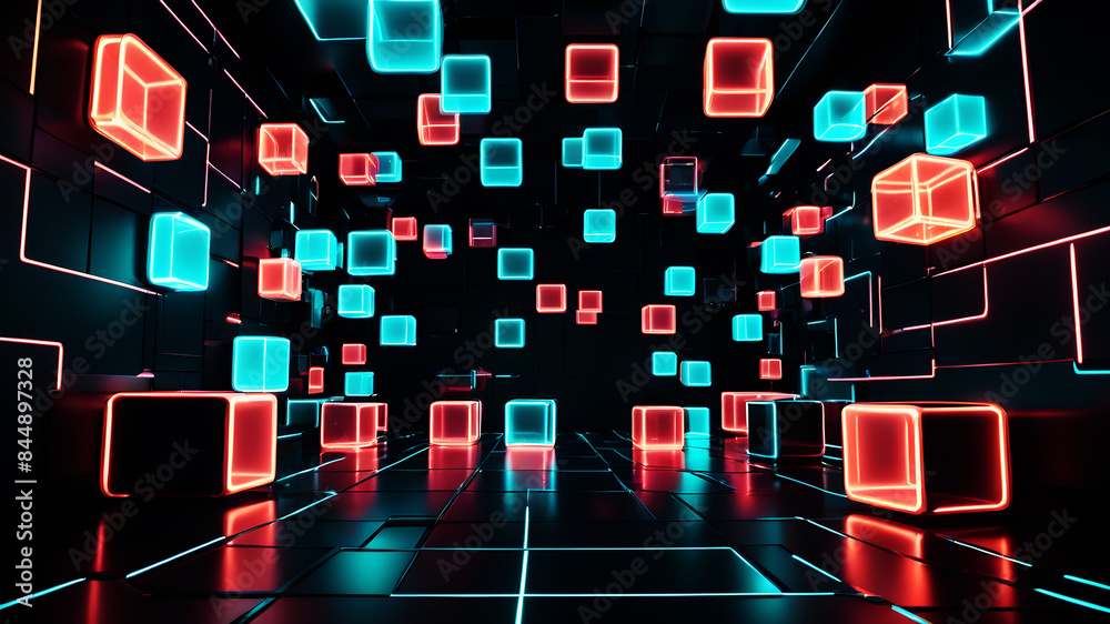 Poster a futuristic abstract background with glowing neon boxes floating in a dark space, with reflections 