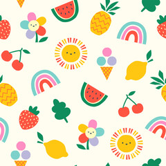 Children's summer vector seamless pattern with cute hand drawn rainbow, sun, fruit for fabric, packaging, wallpaper, wrapping paper design