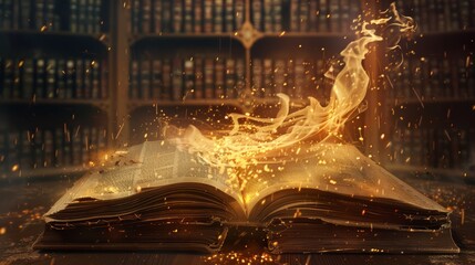 Mystic tales and bible stories with magical literature. Religious studies and fairytales in a library of imagination. Knowledge and faith glowing in open books, capturing devotion.