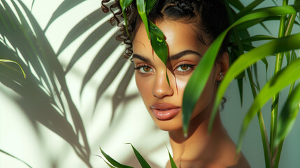 Jeune femme brune avec jeux de feuillages et plantes