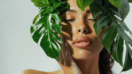 Femme avec jeux de feuillages et plantes tropicales