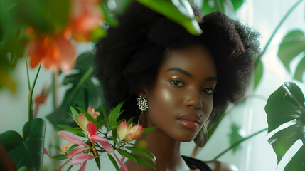 Jeune femme noire avec jeux de feuillages et plantes