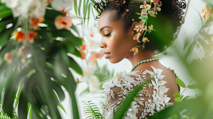 Mariée avec robe de mariée fleurs ajourées en dentelle, couronne de fleurs