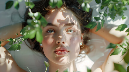 Jeune femme avec jeux de feuillages et plantes