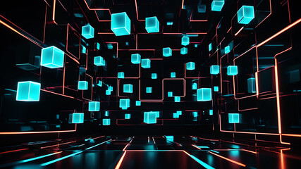 A futuristic abstract background with glowing neon boxes floating in a dark space, with reflections and light trails adding to the sense of motion
