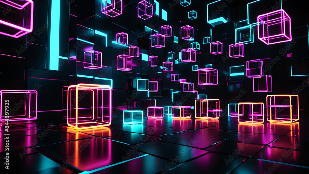 Poster a futuristic abstract background with glowing neon boxes floating in a dark space, with reflections 