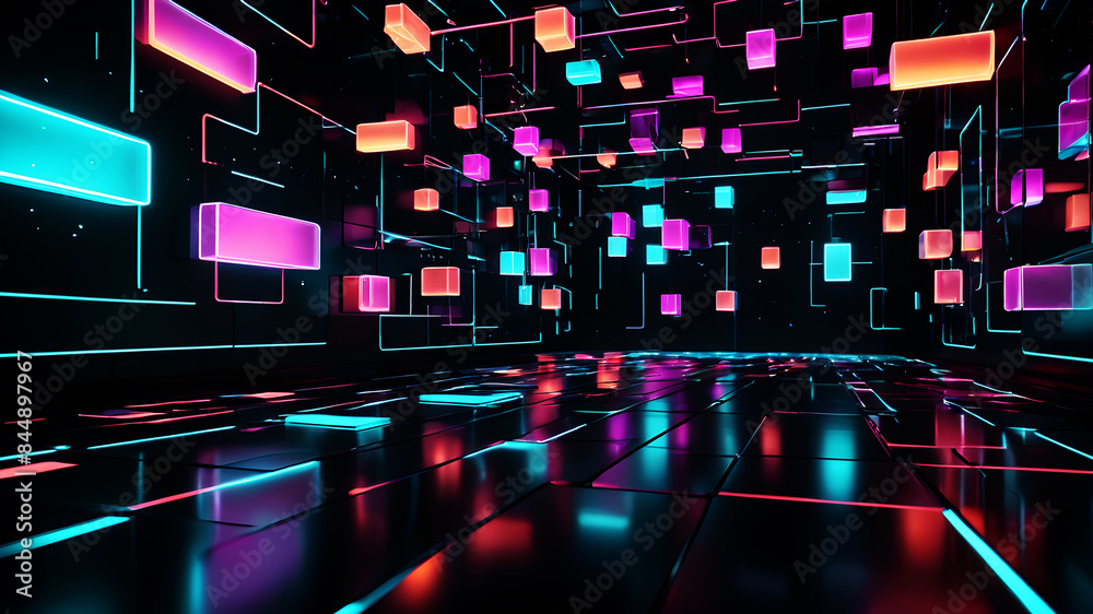 Sticker a futuristic abstract background with glowing neon boxes floating in a dark space, with reflections 