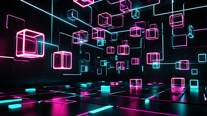 A futuristic abstract background with glowing neon boxes floating in a dark space, with reflections and light trails adding to the sense of motion
