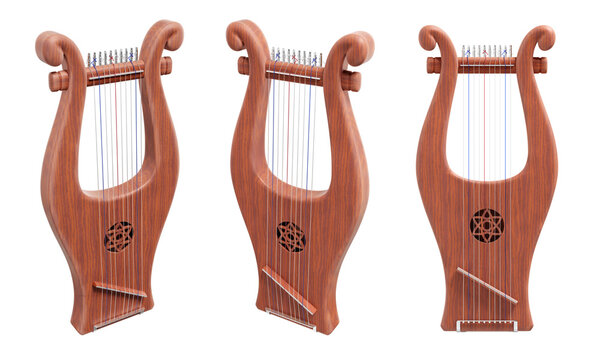 Hebrew Lyre - Kinnor. An ancient stringed musical instrument called as Kinnor in a modern appearance. The Kinnor is a type of Lyre. 3D rendering graphics isolated on transparent background.
