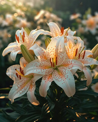 Blooming white and orange lilies close-up of the garden on sunny warm day, beautiful flowers on natural background.