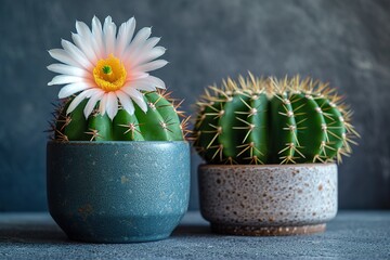 Cute little cactus in a pot with flowers. Cactus pot. Concrete pot. Close-up colorful round concrete planters with cactus and succulent plants on white wooden shelf near glass window.
