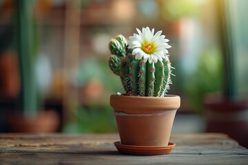 Cactus in pot on wooden table. Cactus flowers in pot at cactus garden , Selective focus