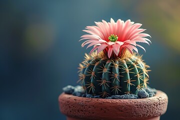 Cactus in pot with flower. home plant decoration concept.