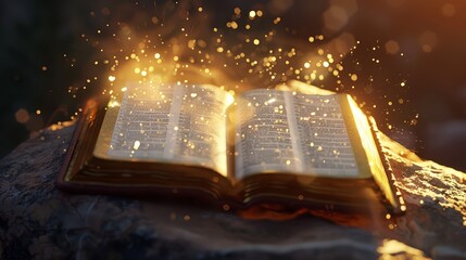 Bible book of mystical stories with magical literature. Open pages filled with imagination, wisdom and religious devotion. Perfect for education, study, and exploring spiritual beliefs.