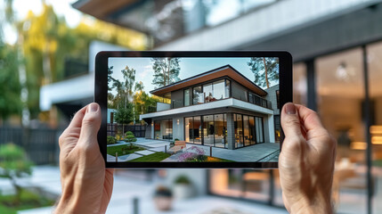 Person holding tablet in hands, taking picture suburban house, virtual showing of modern country house, demonstration real estate on tablet screen.
