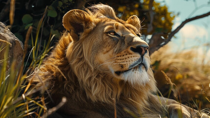 Majestic lioness resting in the African wilderness, AI Generative.