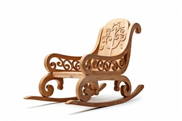Ornate wooden rocking chair with intricate design, isolated on a white background with shadow