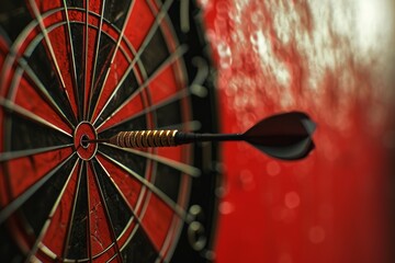 Bullseye target hit   dart piercing center of dartboard against red wall, perfect shot on target