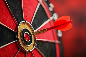 Bullseye hit  dart strikes center on board against red wall with perfect aim and precision