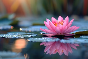 Beautiful pink waterlily or lotus flower in pond.