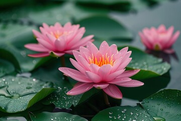Pink Lotus Flower Or Water Lily Floating On The Water