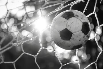 Classic black and white soccer ball in net, traditional sports equipment for football enthusiasts
