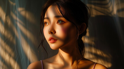 Young Asian woman in dramatic lighting with shadows on her face. Artistic indoor portrait. Introspection and contemplation concept for design and print