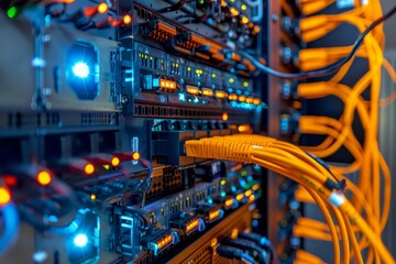 Naklejka premium Server room with bright lights and network cables for efficient networking operations