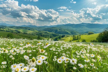 Obraz premium Vibrant spring and summer panoramic countryside with daisy field, sun, and clouds