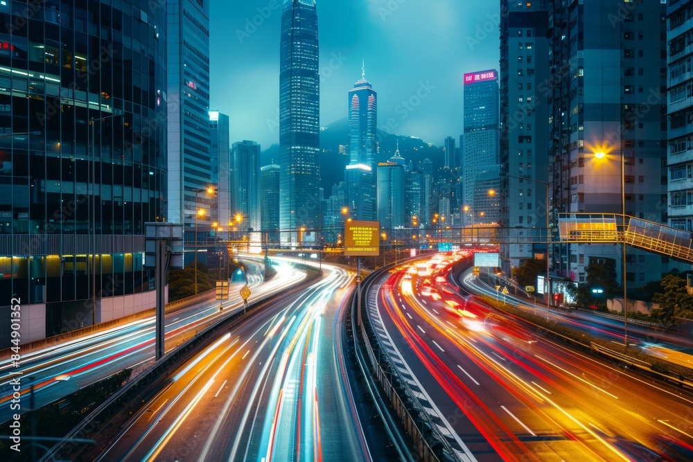 Wall mural Dusk traffic flow among urban skyscrapers in a modern city with vibrant red, yellow, and blue tones