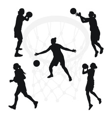 Basketball players in ball game, black silhouette