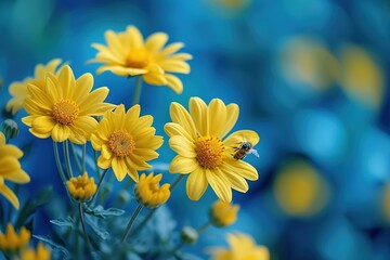 Scene with small yellow summer flowers in a field. Selective focus. Nature background. Warm season and blossom concept.
