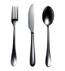 Silverware set with a fork, knife, and spoon, their polished surfaces reflecting light and showcasing their elegant design.