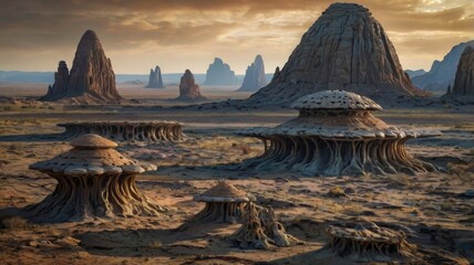 Fantastic Sci-fi landscape of a spaceship on a sunny day, flying over a desert with amazing arch-shaped rock formations - Illustration 3d