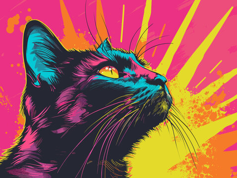Black Cat Pop Art Vector Flat Illustration