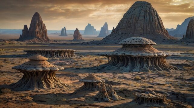Fantastic Sci-fi landscape of a spaceship on a sunny day, flying over a desert with amazing arch-shaped rock formations - Illustration 3d