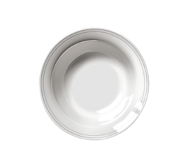 White porcelain bowl with a simple, elegant design, featuring two thin grey lines encircling its rim and a slightly curved shape.